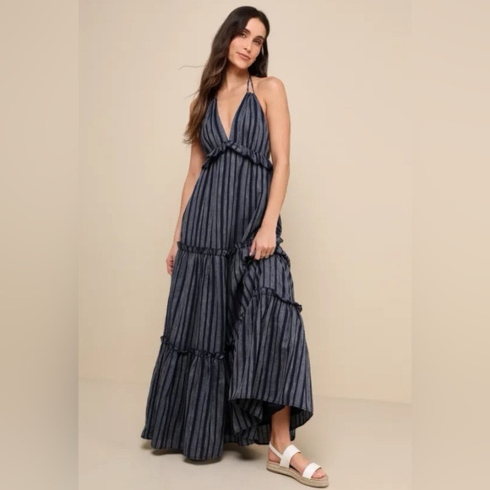 Lulus Vacay Babe Navy Blue Striped Halter Maxi Dress - NWOT